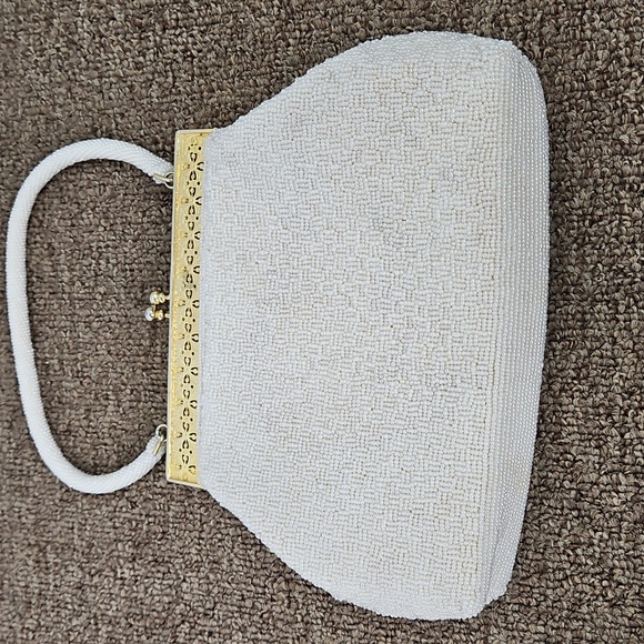 Vintage Needlepoint Petit Point Tapestry Framed Kiss-lock Beaded White Bag 7x9 - Picture 5 of 8